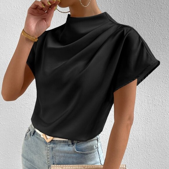 Black Casual Womens Mock Neck Batwing Sleeve Satin Blouse - Picture 5 of 5